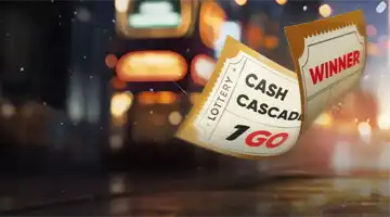 Лотерейный билет с надписью Cash Cascade и Winner от 1Го Казино, подчеркнутый огнями большого города